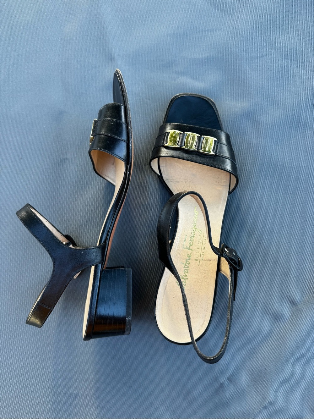 Salvatore Ferragamo Black Leather Slingback Sandals with Gold Buckle